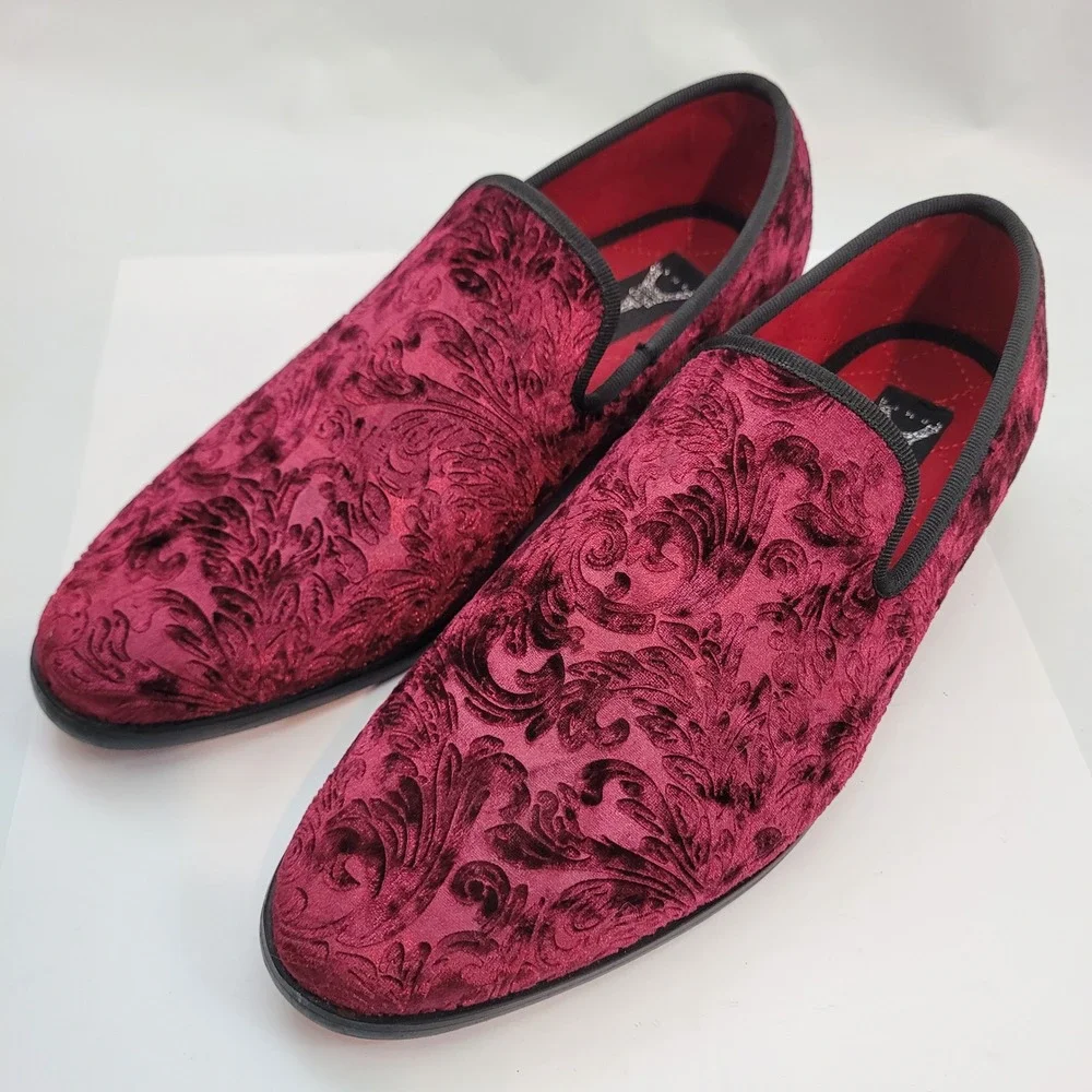 Enzo Romeo Loafers Mens 6.5 Burgundy Velvet Floral Damask Embossed Dress Shoes